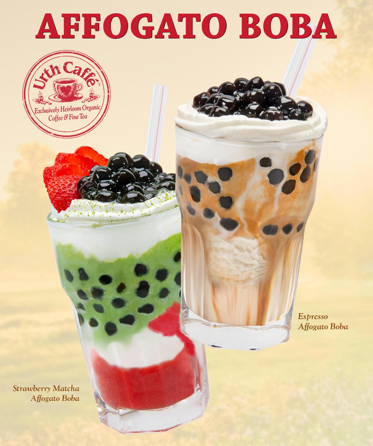Photos of Urth Caffé Affogato Boba drinks, with text & logos.