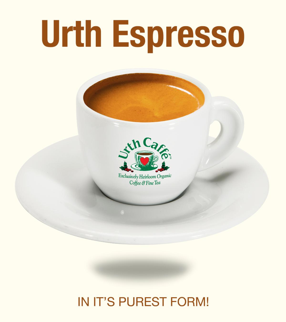 Photo of a cup of Urth Caffee Espresso shot, in a small espresso cermaic cup with saucer, with Urth logo and text.