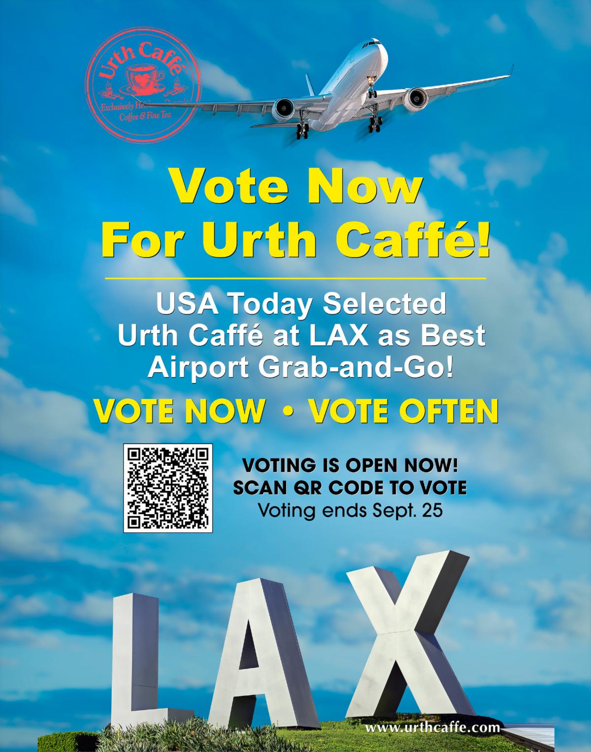 Urth Caffé LAX voting flyer, with text and a QR code to scan and vote. Selected by USA Today as the best Grab and Go café at any airport. 