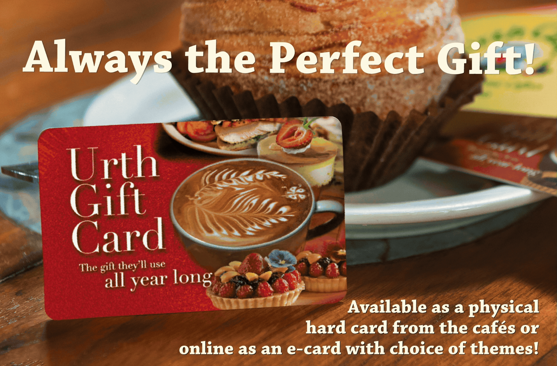 Urth Caffé gift card promo flyer, showing several gift card styles, with Urth logo and text.