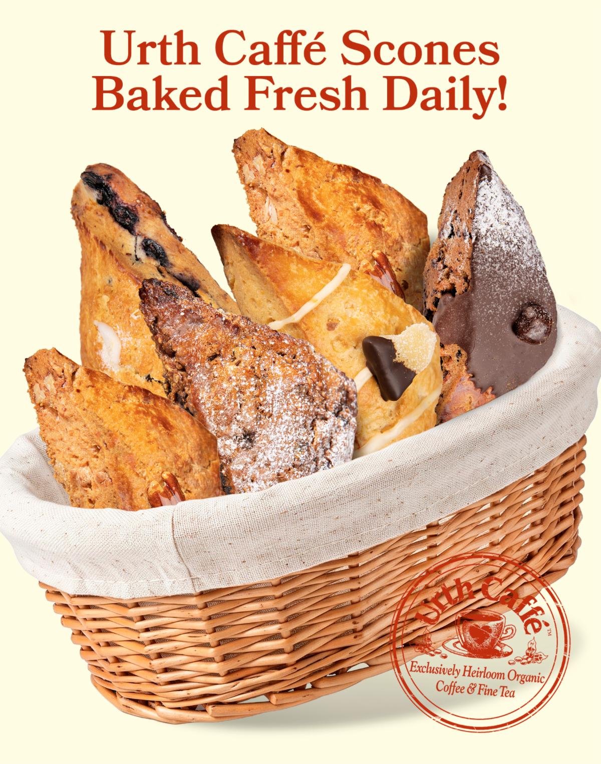 Photo of a variety of Urth Caffé scones setup in a wicker basket. Five scones next to each other. With text and Urth logo.