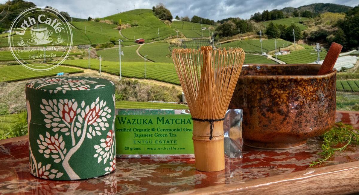 Photo of Urth's Matcha Products on a Wazuka Matcha farm background photo.