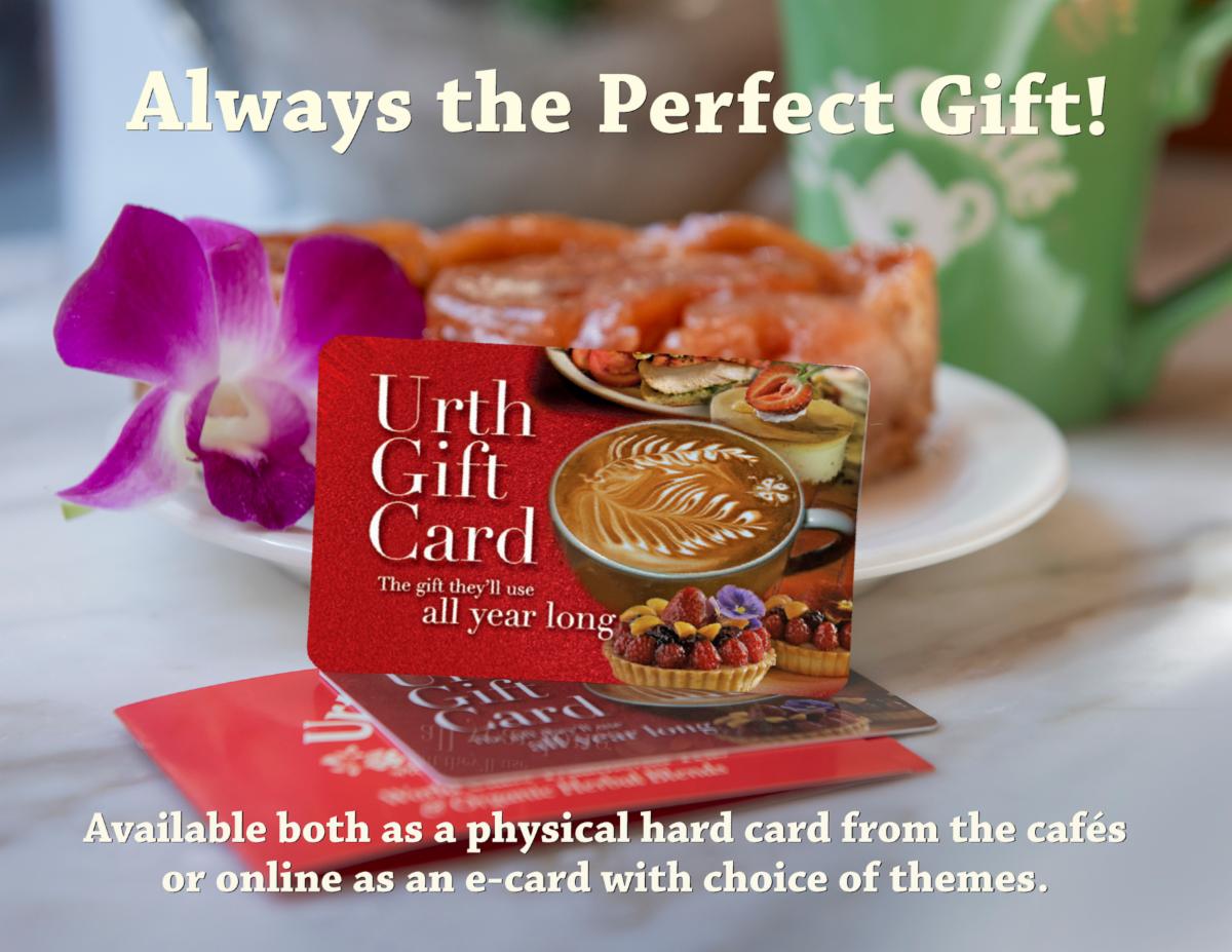 Photo of Urth Caffé Gift Card promotional flyer.