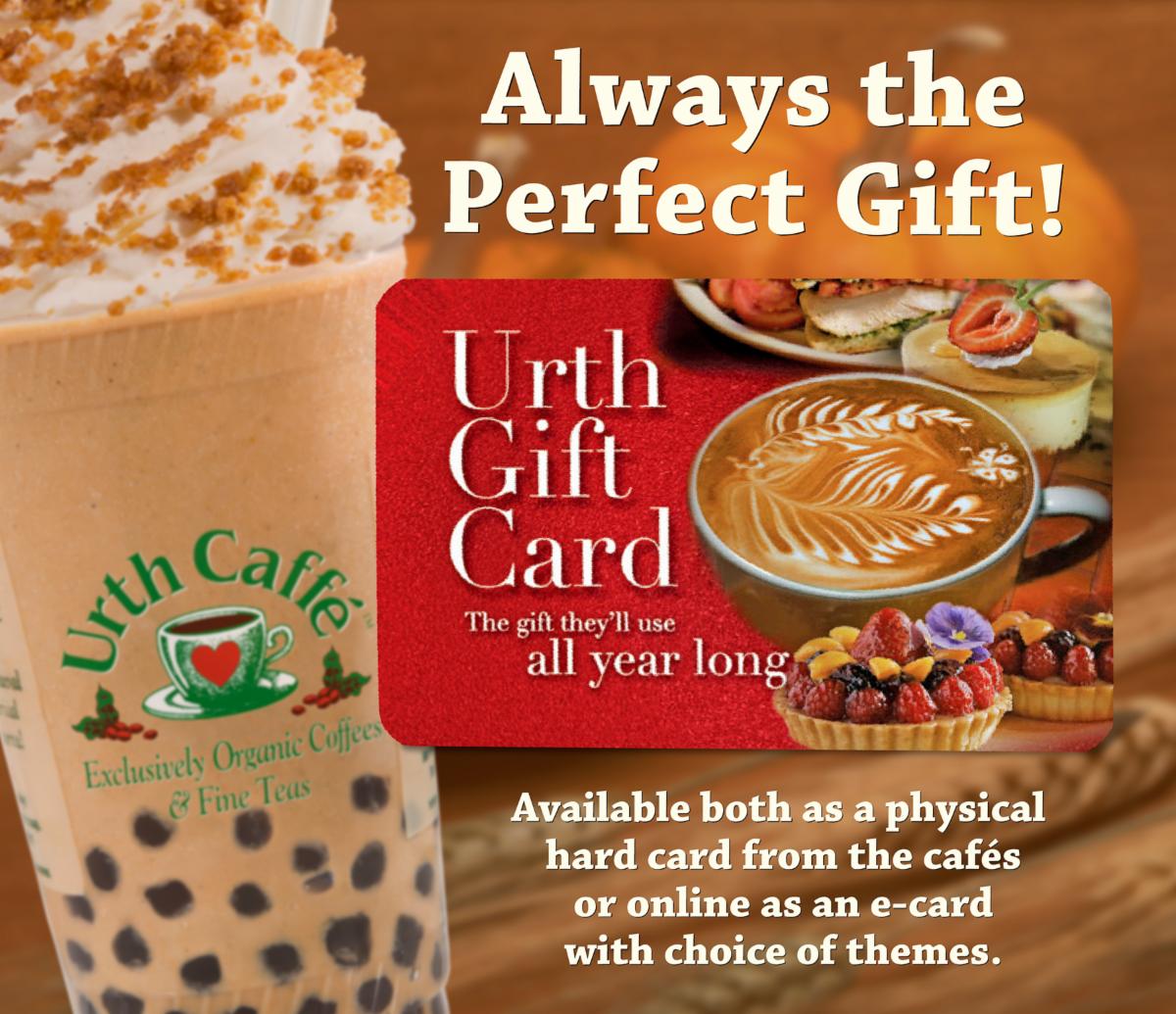 Urth Caffé gift card promotional sign. Showing the Pumpkin Pie latté, a baby pumpkin decoration and photo of Urth gift card face.