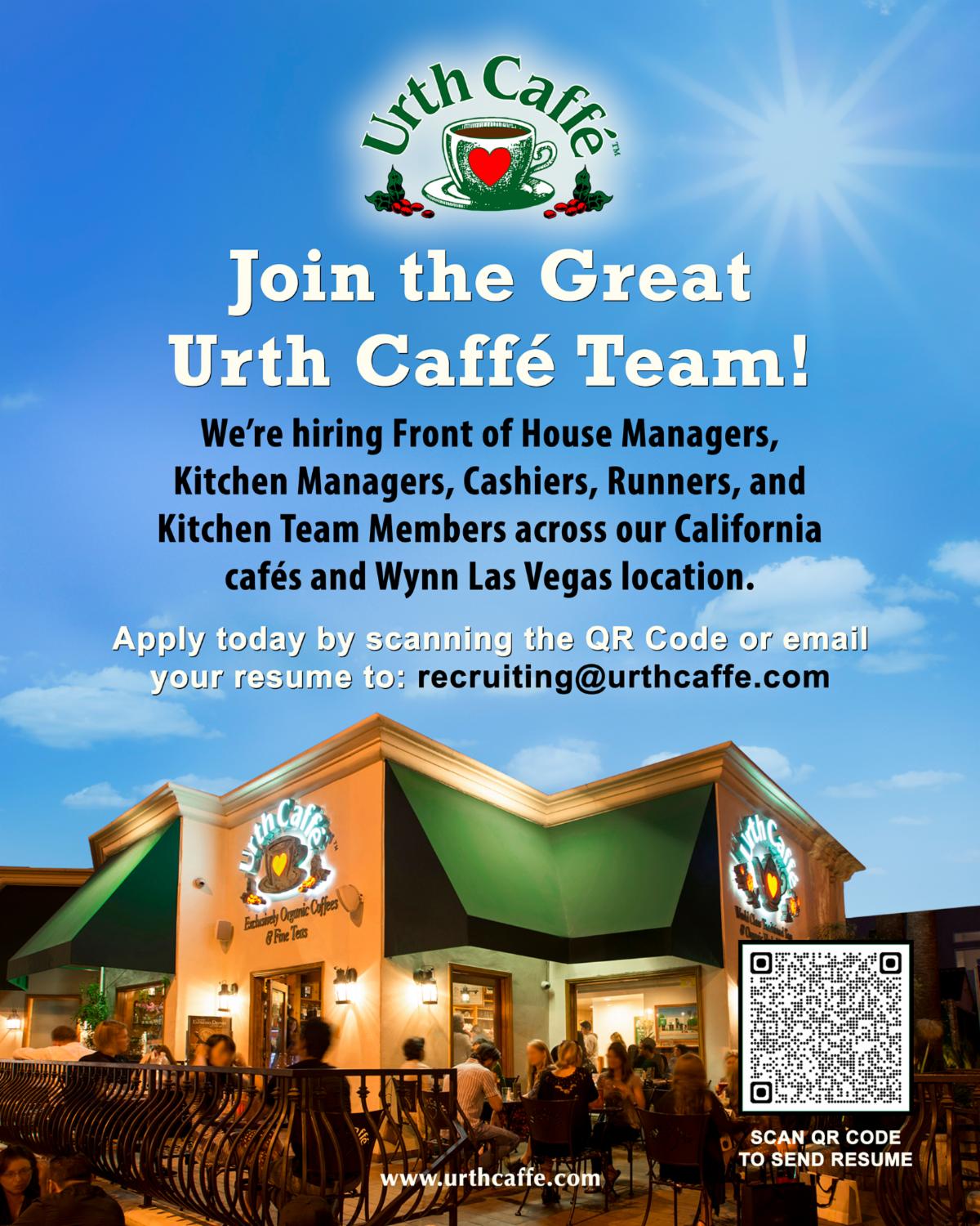 Urth Caffé HR recruiting flyer with link and Urth logo, exterior photo of Urth Melrose.