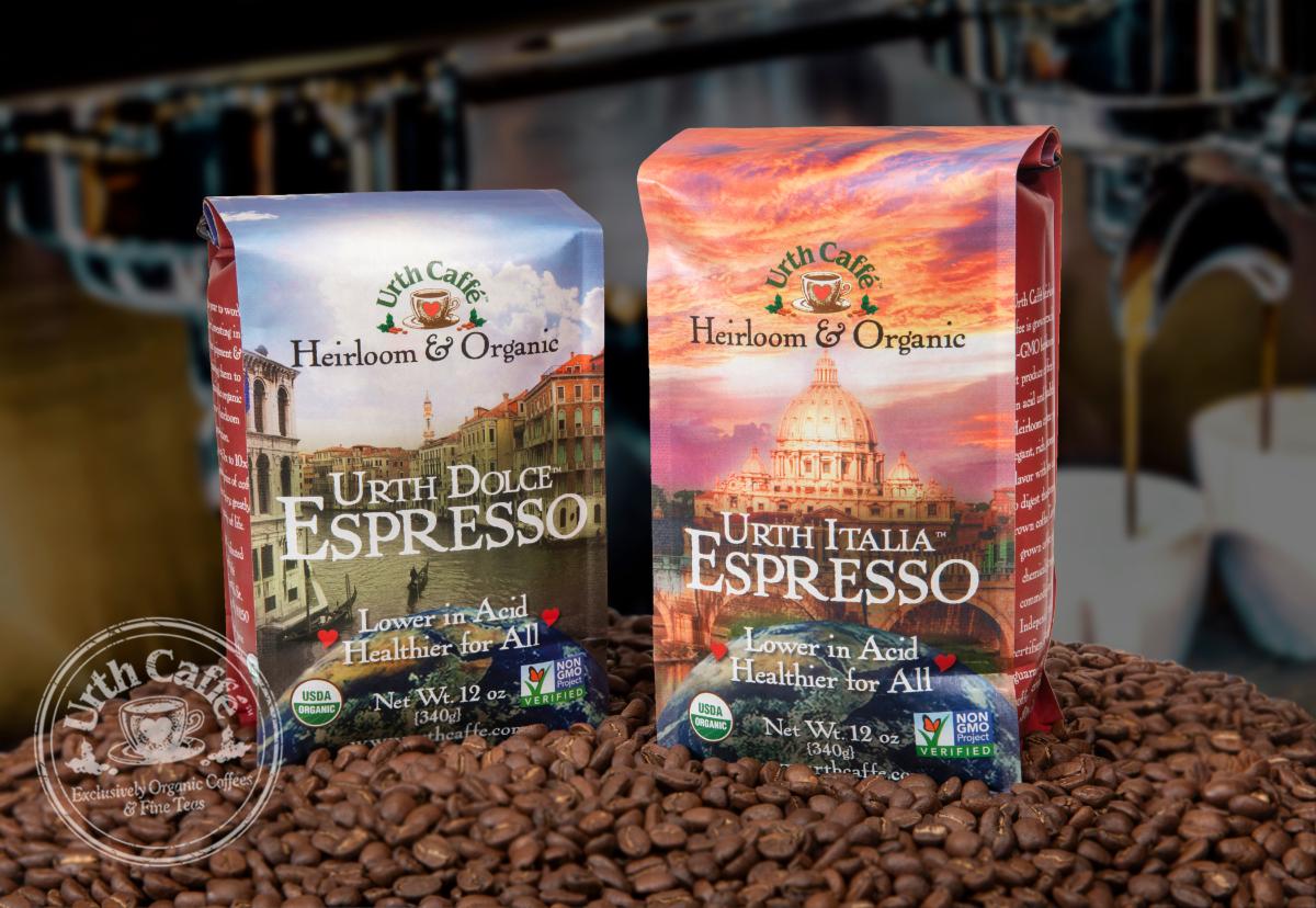 Photos of bags of Urth Caffé Urth Italia™ Espresso and Urth Dolce™ Espresso on a espresso machine background with Urth logo.