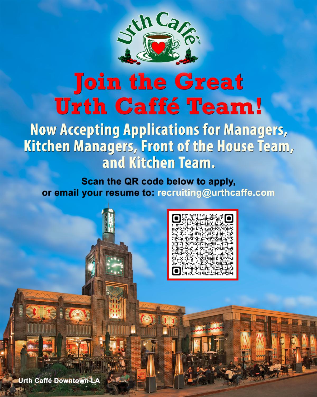 Urth Caffé HR employment advertising promo flyer with text and Urth logo, and a photo of Urth Caffé at South Bay.