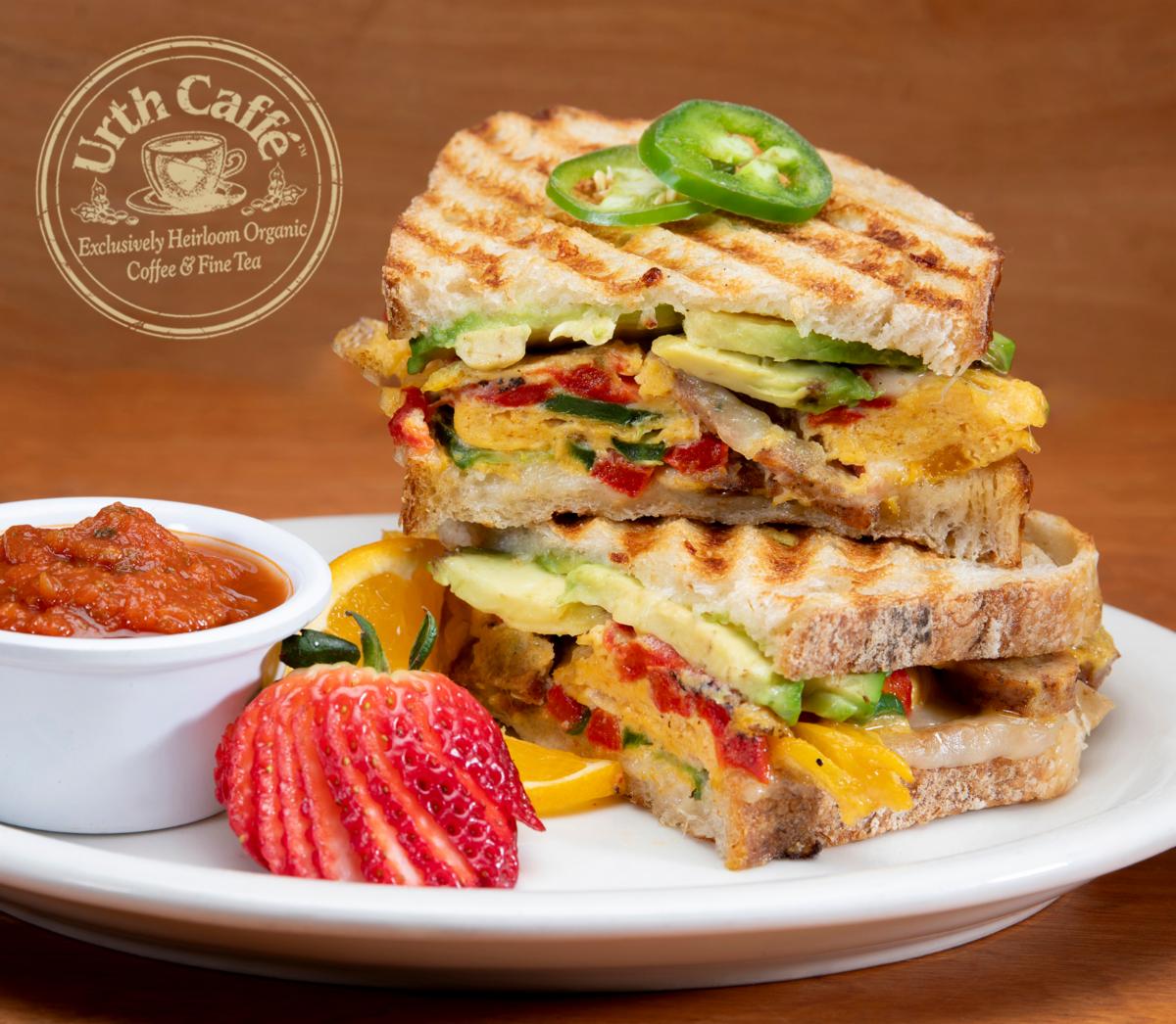 Photo of Urth Caffé Tasty Egg panini, with sauce and strawberry garnish.