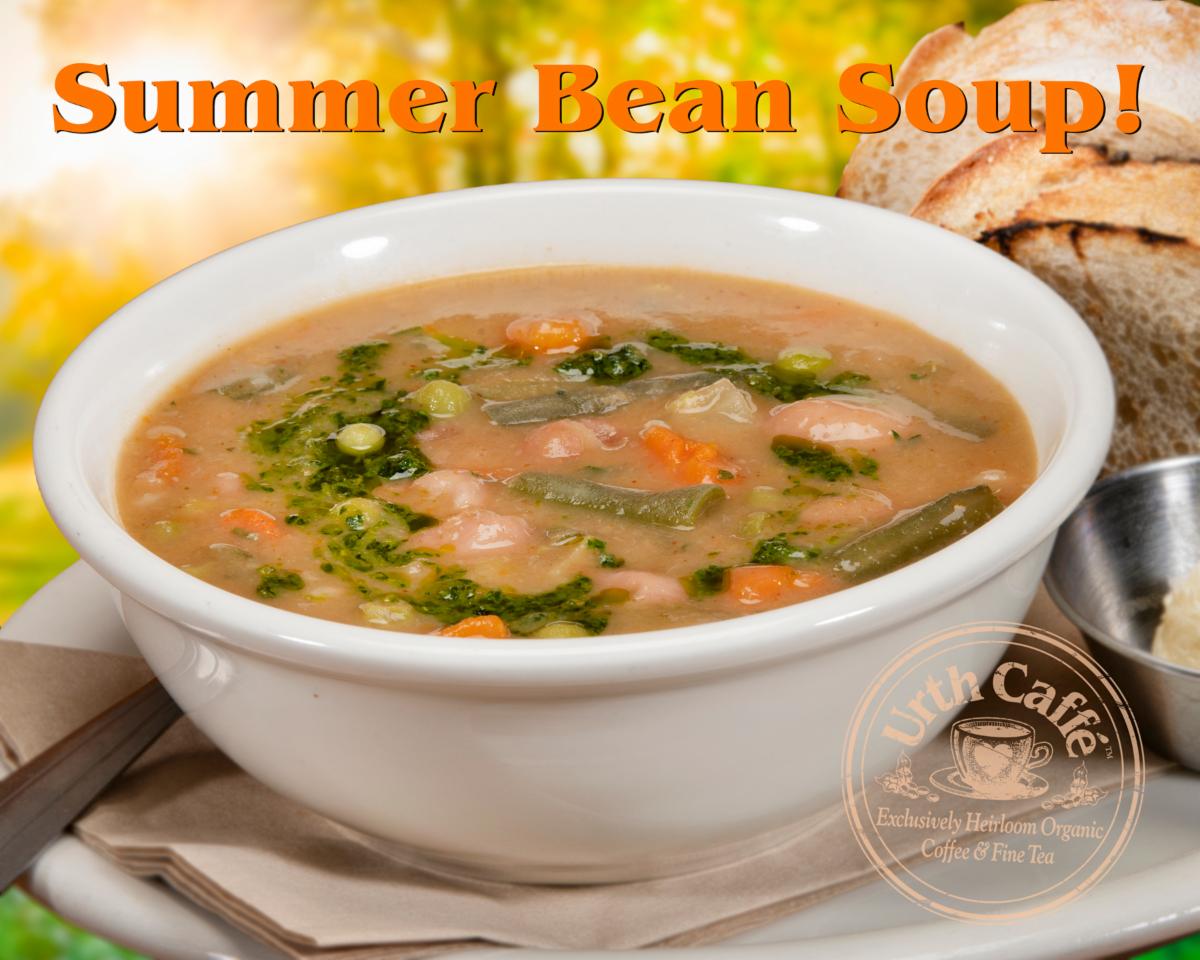 Urth Caffé Summer Bean Soup photo promotional sign with Urth logo and text. With sunny background images