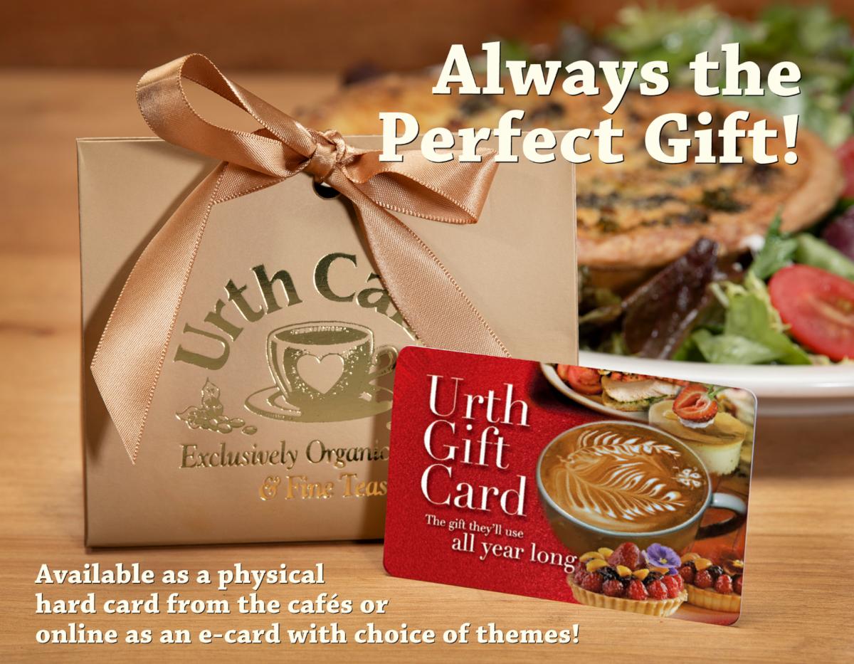 Urth Caffé gift card promotional flyer, with Urth gift card, gift card packaging and a plate of quiche in the back.