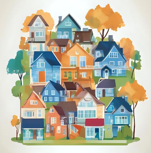Graphic of houses and trees