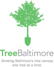 TreeBaltimore logo with a tree and a shovel as the trunk of the tree. There is the text below, TreeBaltimore. Growing Baltimore's tree canopy one tree at a time. 