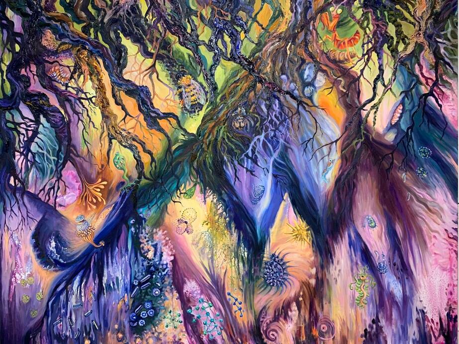 Underground Oil Painting. An imagined view of the caverns in the soil and the life that abounds there.
