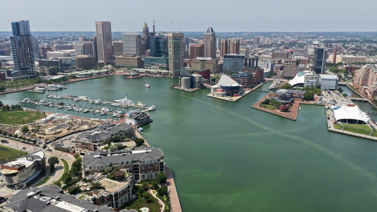 Image of the Baltimore City skyline and harbor with green water.