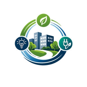 Image of building with plug, lightbulb, and leaf circled around it. 
