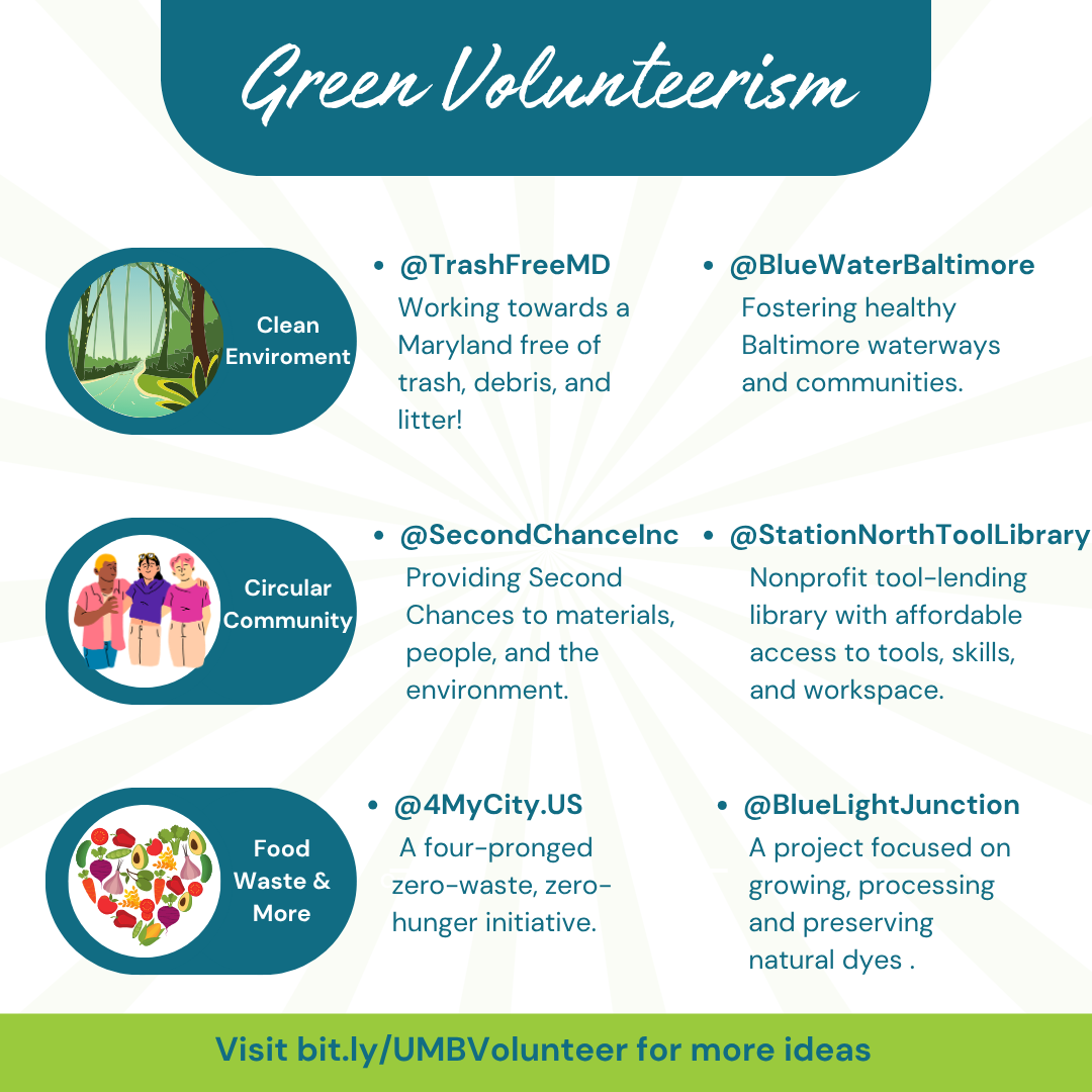 Green tip sharing volunteer opportunities in Baltimore with a link to bit.ly/UMBVolunteer for more information.