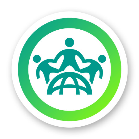 Teal colored figures of people holding hands on top of the world with a teal and green circle surrounding it 