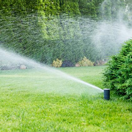 A sprinkler system irrigating a lawn.