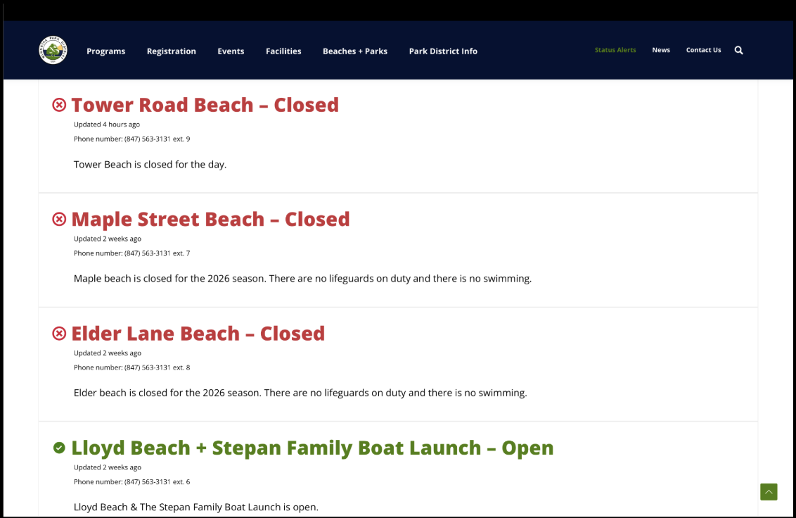 Winnetka Park District website showing Tower Road Beach and Maple Street Beach closed
