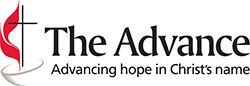 Cross and flame logo. Words state The Advance_ advancing hope in Christ_s name