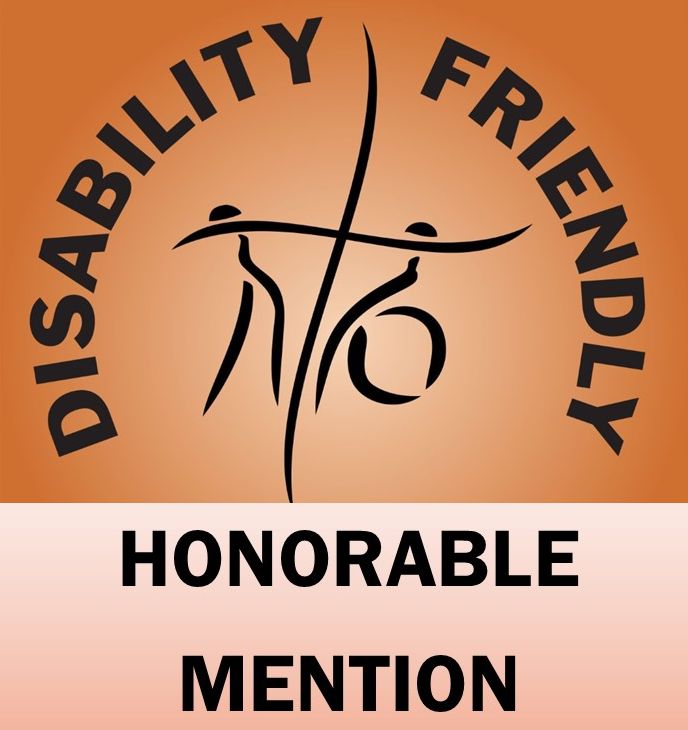 Square copper disability-friendly designation with Honorable Mention at the base and the DMC logo.