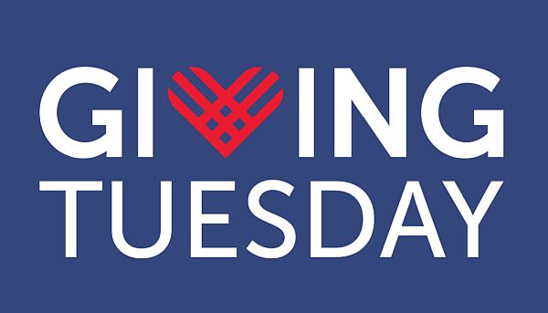 Giving Tuesday logo with white letters on blue background except the V is a red woven heart