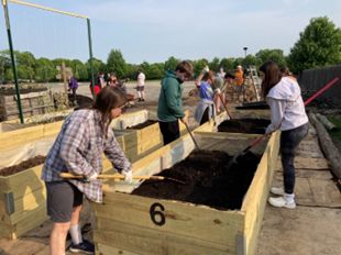 Youth shovel planting soil into several wooden raised garden beds.