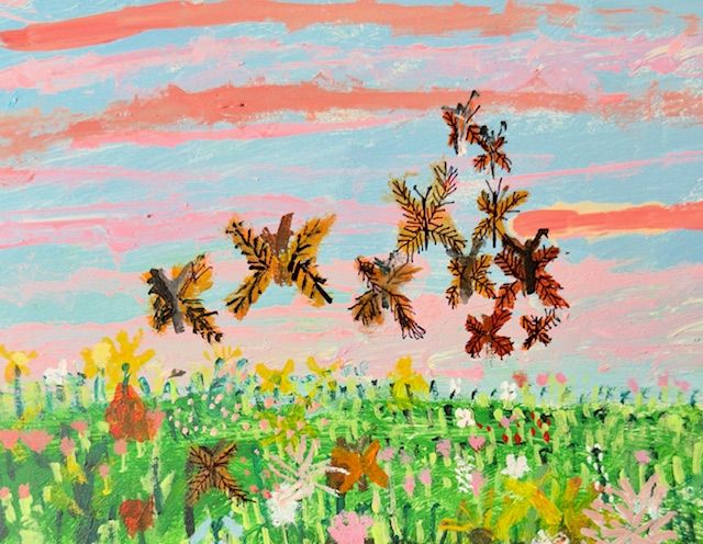 Painting with 10 orange butterflies against a sunset sky with a grassy field and flowers below