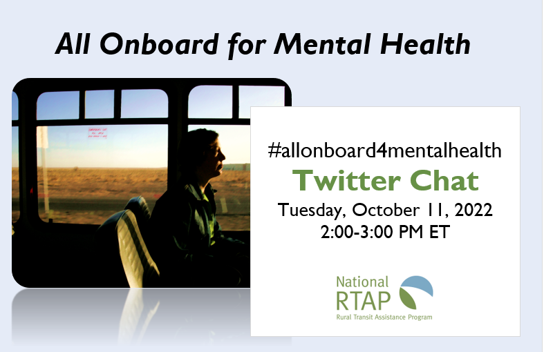 All Onboard for Mental Health Twitter Chat infographic with a rider on a bus
