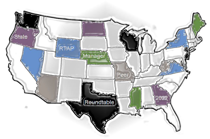 US Map with some states showing RTAP Manager Peer Roundtable
