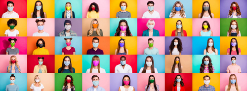 Photo multiple montage image of student kid afro human people of different age and ethnicity wearing surgical disposable and fabric breathing masks isolated over bright colorful background