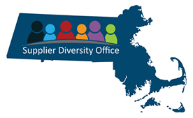 State of Massachusetts image in solid blue with solid images of head and body trunk in black light blue red orange purple and green with the words Supplier Diversity Office in white lettering