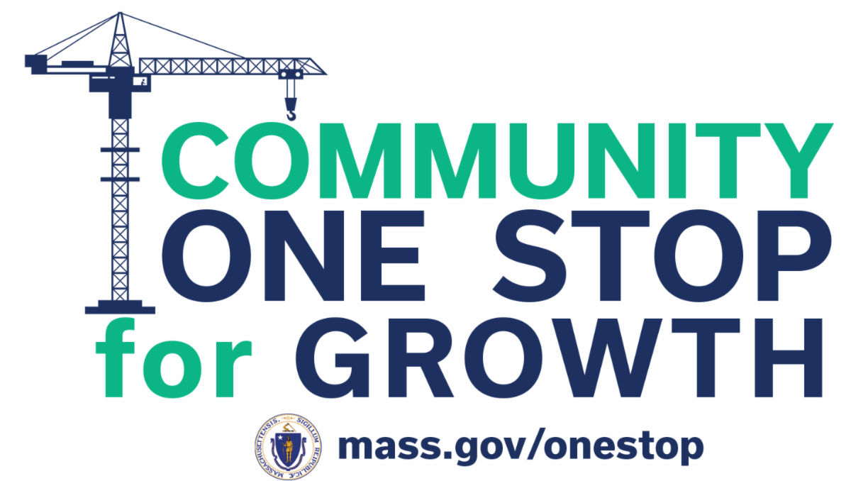 Community One Stop for Growth Logo in blue and green lettering with a construction crane image on the left hand side and Commonwealth logo on the bottom with website address of mass.govonestop