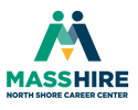 Multicolored uppercase letter M in green gold and blue with solid color green and blue dots over the letter M with the logo reading MassHire North Shore Career Center