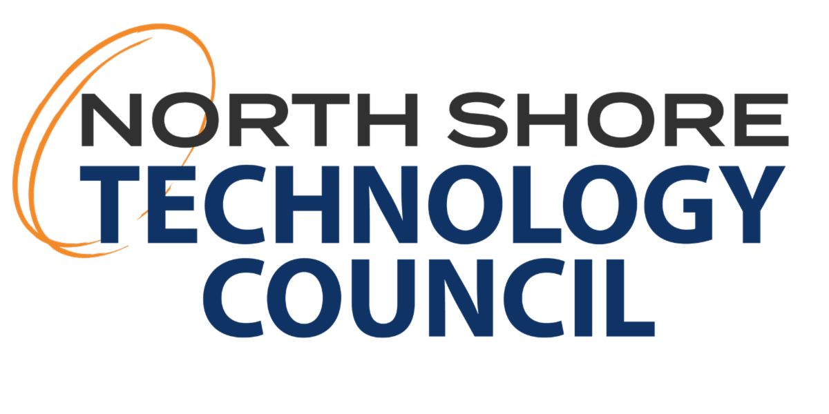 North Shore Technology Council Logo with black and blue lettering in all caps and a gold double circle outlining the words North and Technology