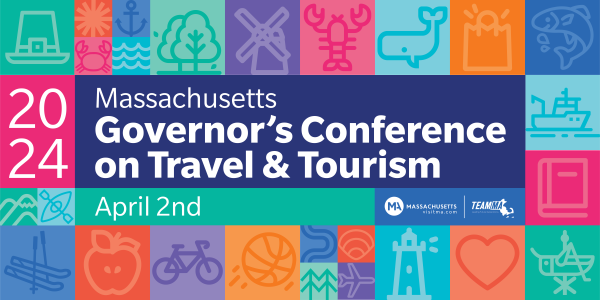 Multi squared and multicolor boxes in teal orange pink dark blue and light blue with stencil color images of maritime food and outdoor activities with a center solid box that read 2024 Massachusetts Governor's Conference on Travel and Tourism April 2nd