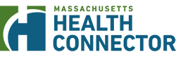 Massachusetts Health Connector Logo with a capital H that has a blend of blue and green coloring and a white semicircle inside the letter H Massachusetts lettering is green and Health Connector is in blue