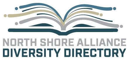 Logo for North Shore Alliance Diversity Directory with multi colored lines of steel blue gray and dark tan acting like pages in an open book