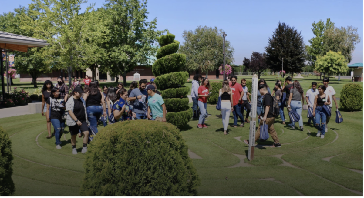 Photograph of a group of people walking through an outdoor garden maze with neatly trimmed bushes and spiral-shaped topiary under a clear blue sky. The scene highlights social interaction and leisure activity in a well-maintained green space with trees and open areas in the background.
