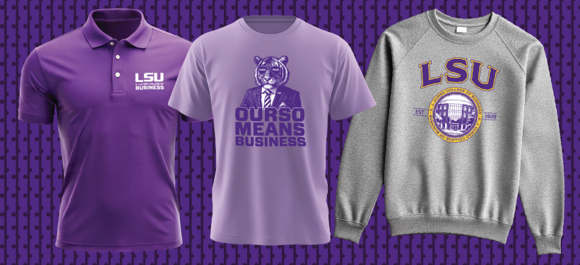 LSU business polo tee and sweatshirt on a purple background