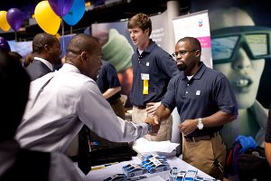 talking with employers at the LSU career expo 