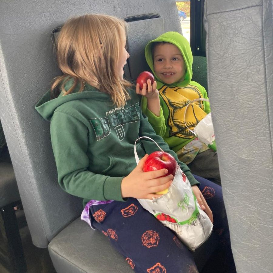 Two students are sitting in a seat on a bus. One is offering the other an apple.