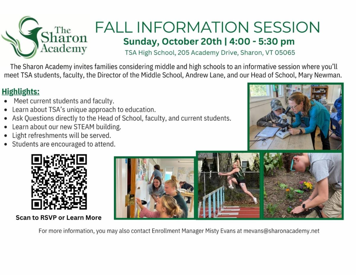 Flyer for Sharon Academy's Information Night