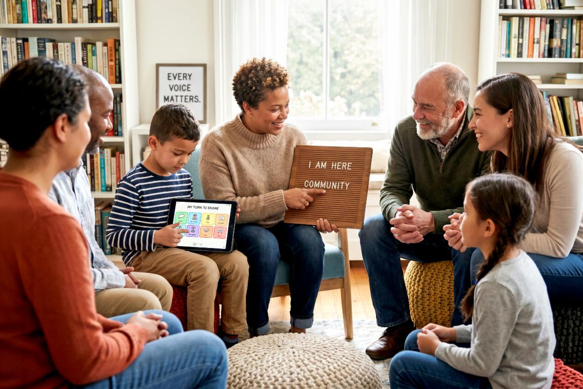 Diverse individuals communicating through letterboards, tablets, and AAC devices in a warm, inclusive setting.