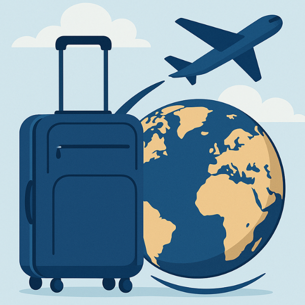 Illustration of a suitcase beside a globe with an airplane flying overhead.