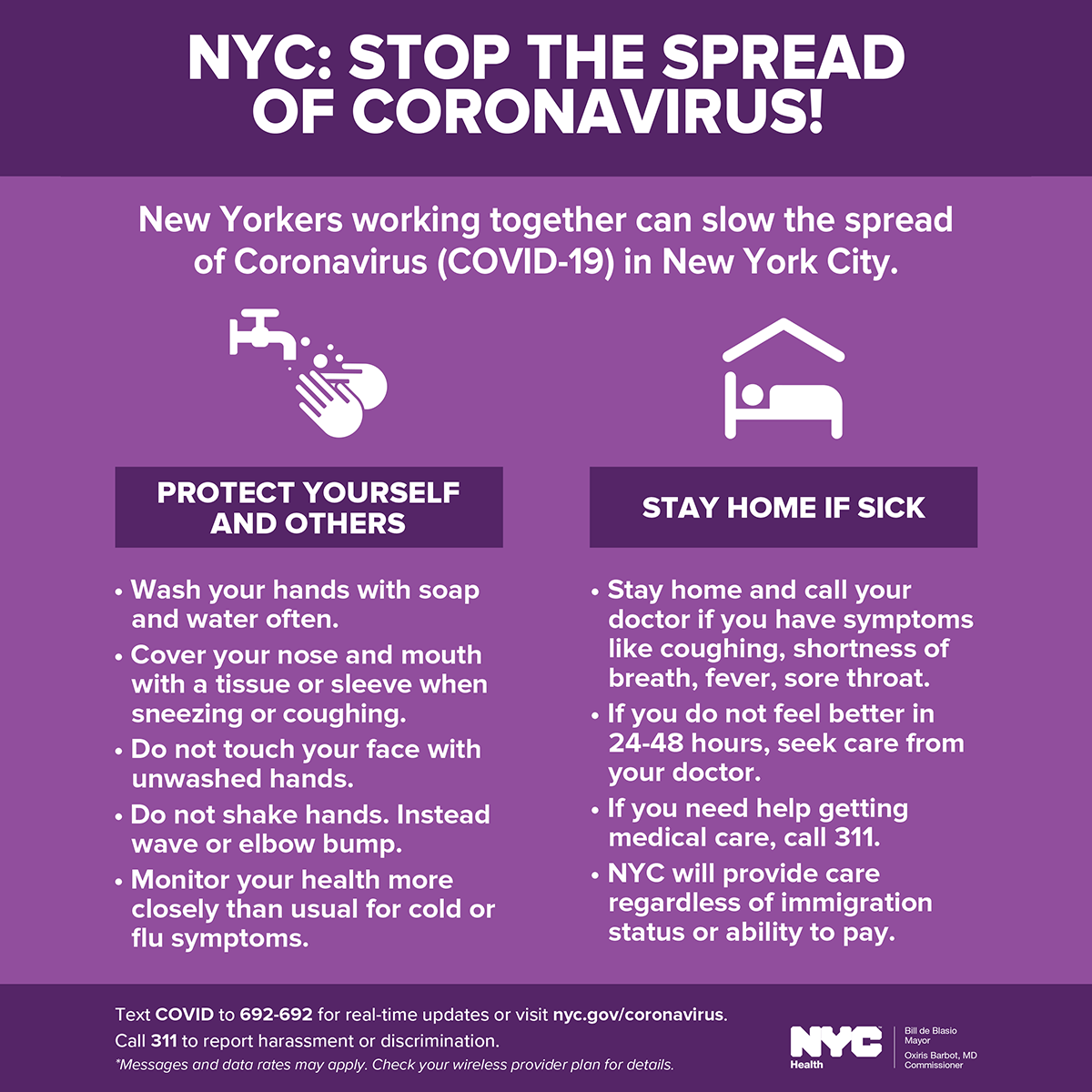 NYC Health purple infographic of how to stop the spread of COVID-19 by staying home if sick