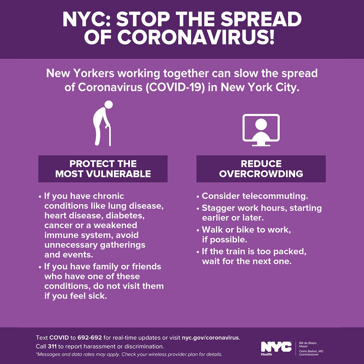 NYC Health purple infographic of how to stop the spread of COVID-19 by protecting the vulnerable and reducing overcrowding