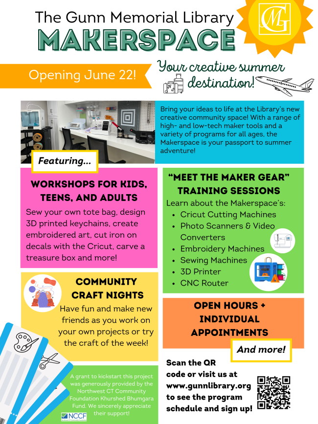 Image announcing the opening of the Gunn Memorial Library Makerspace on June 22