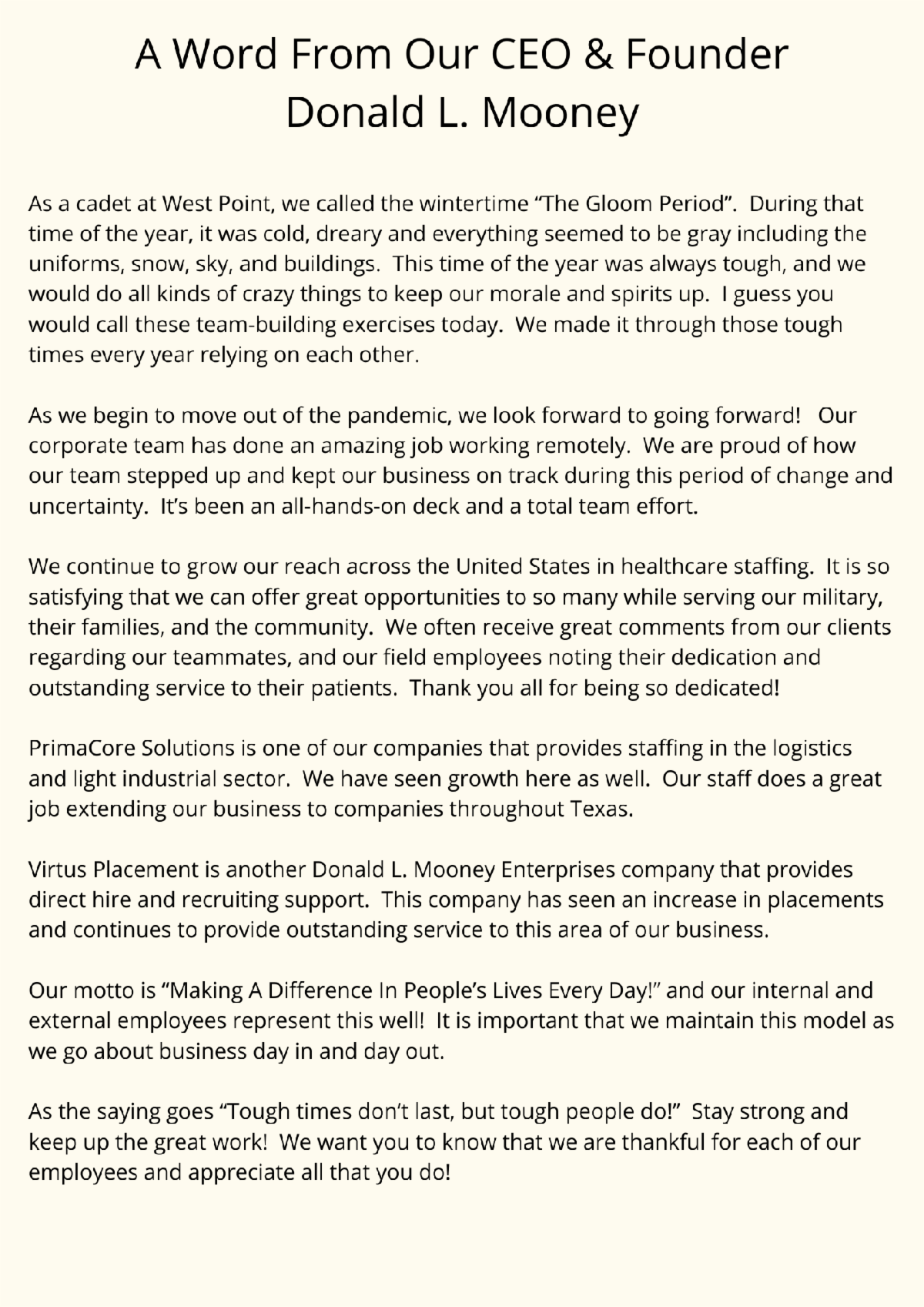 Donald L. Mooney Enterprises/Nurse's Etc. Staffing 2022 Q1 Newsletter