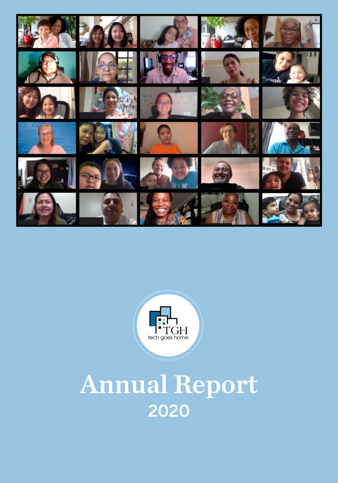 Annual Report 2020. Zoom screen showing smiling TGH learners.